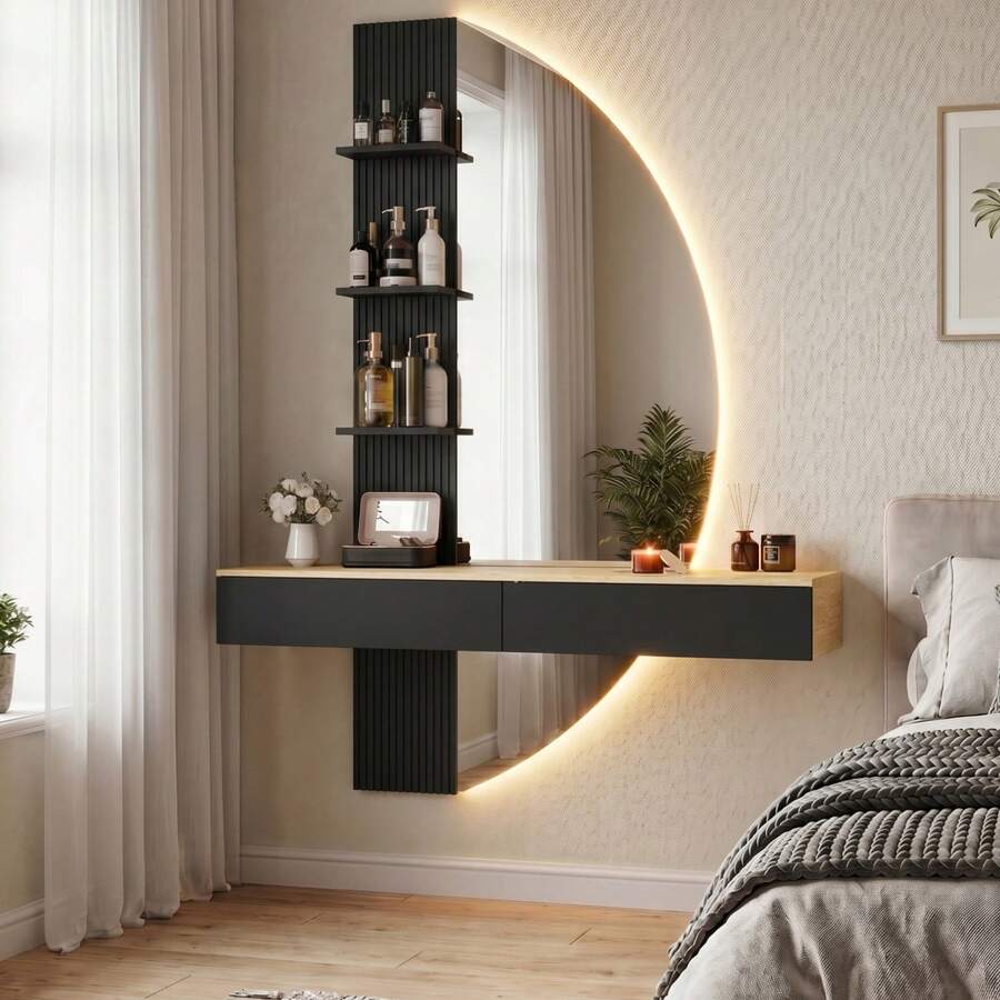 Devoko Black Hanging Vanity Table With LED Mirror, Wall-Mounted Cosmetic Table With 4 Open Shelves And 2 Drawers, 3 Dimmable Light Colors, Versatile Use For Bedroom, Wardrobe, Hallway And Living Room, 106 X 143 Cm - màu đen - Xem 1