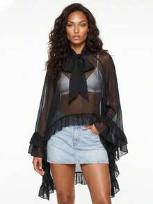 Women's Ruffled Tops Bow Tie Design Stylish Solid See Through Loose Fit V Neck Long Sleeve Blouses Perfect For Summer - Black - View 4