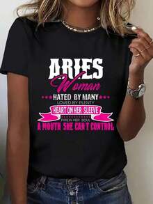 Manga corta, conjuntos de verano para mujer [Regalos de cumpleaños y vacaciones] Camiseta gráfica del zodíaco Aries para mujer - Transpirable, de cuello redondo y manga corta, con estampado de mujer Aries y símbolos astrológicos, rosa y de ajuste cómodo informal, lavable a máquina, top para todas las estaciones para atuendos casuales y blusas vintage de mujer. - Negro - Ver 7