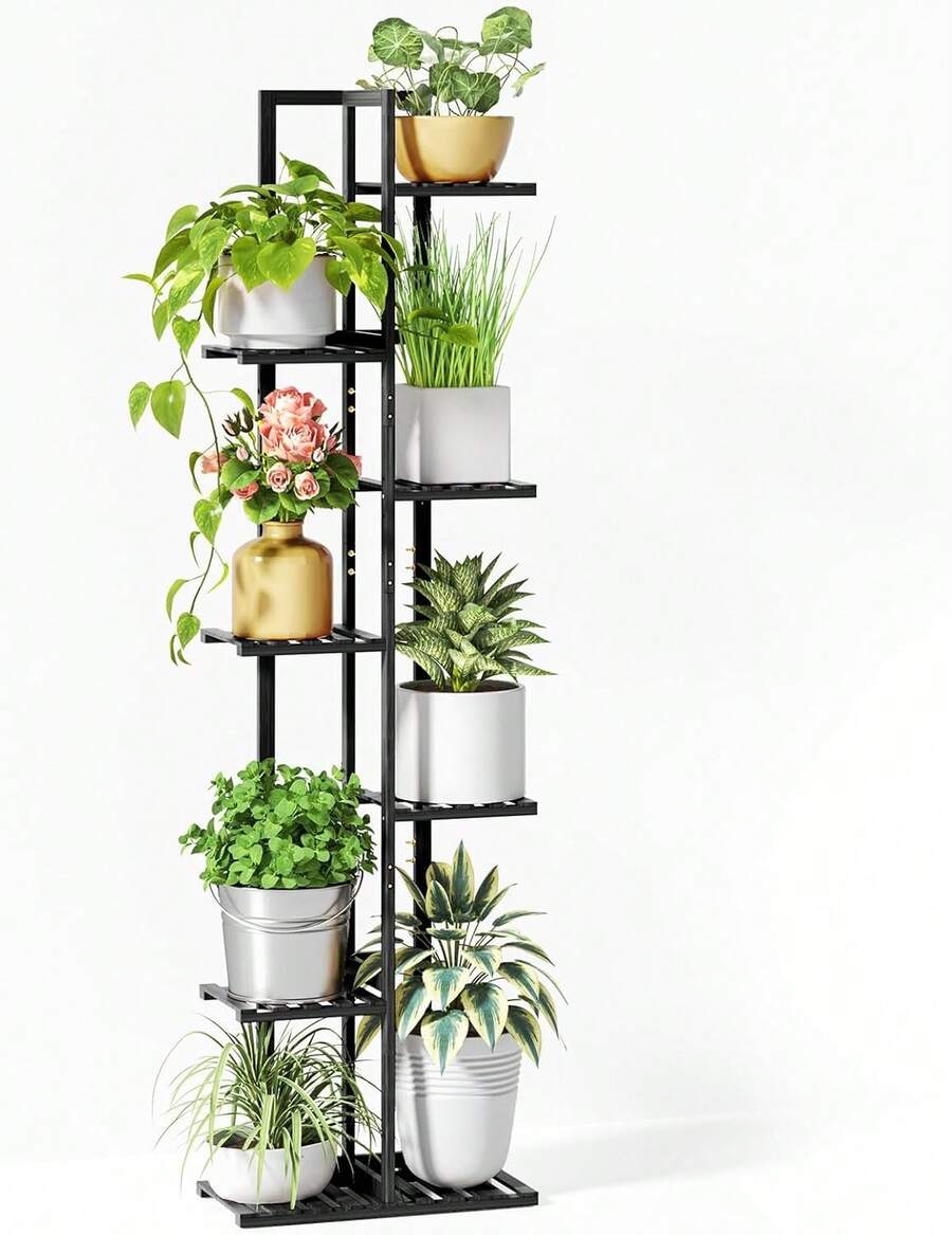 ROSSNY 55 Inch Tall Plant Stand Indoor, 7 Tier 8 Potted Bamboo Plant Stands For Indoor Plants, Corner Plant Stand, Tiered Plant Stands, Plant Shelf For Indoor, Planter Holder For Multiple Plants Indoor, Black