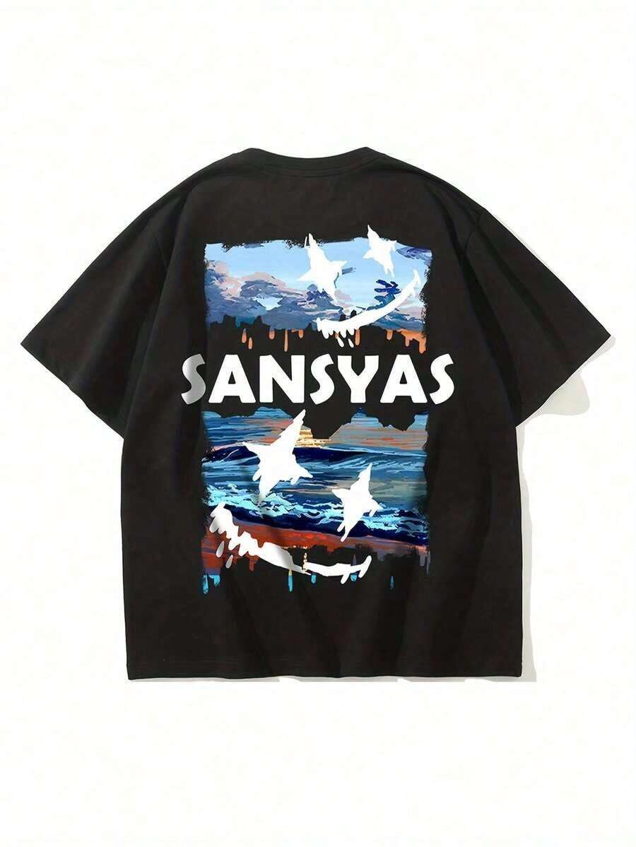 Camiseta ligera y personalizable para hombre SANSYA, hecha de algodón puro, 100% algodón, cuello redondo, estampado oceánico, manga corta, corte holgado, adecuada para todas las estaciones, uso diario y de fin de semana, 100% algodón, unisex. Camiseta Vintage de Estilo Urbano Unisex de Algodón Holgado de Manga Corta con Cuello Redondo - Negro - Ver 1