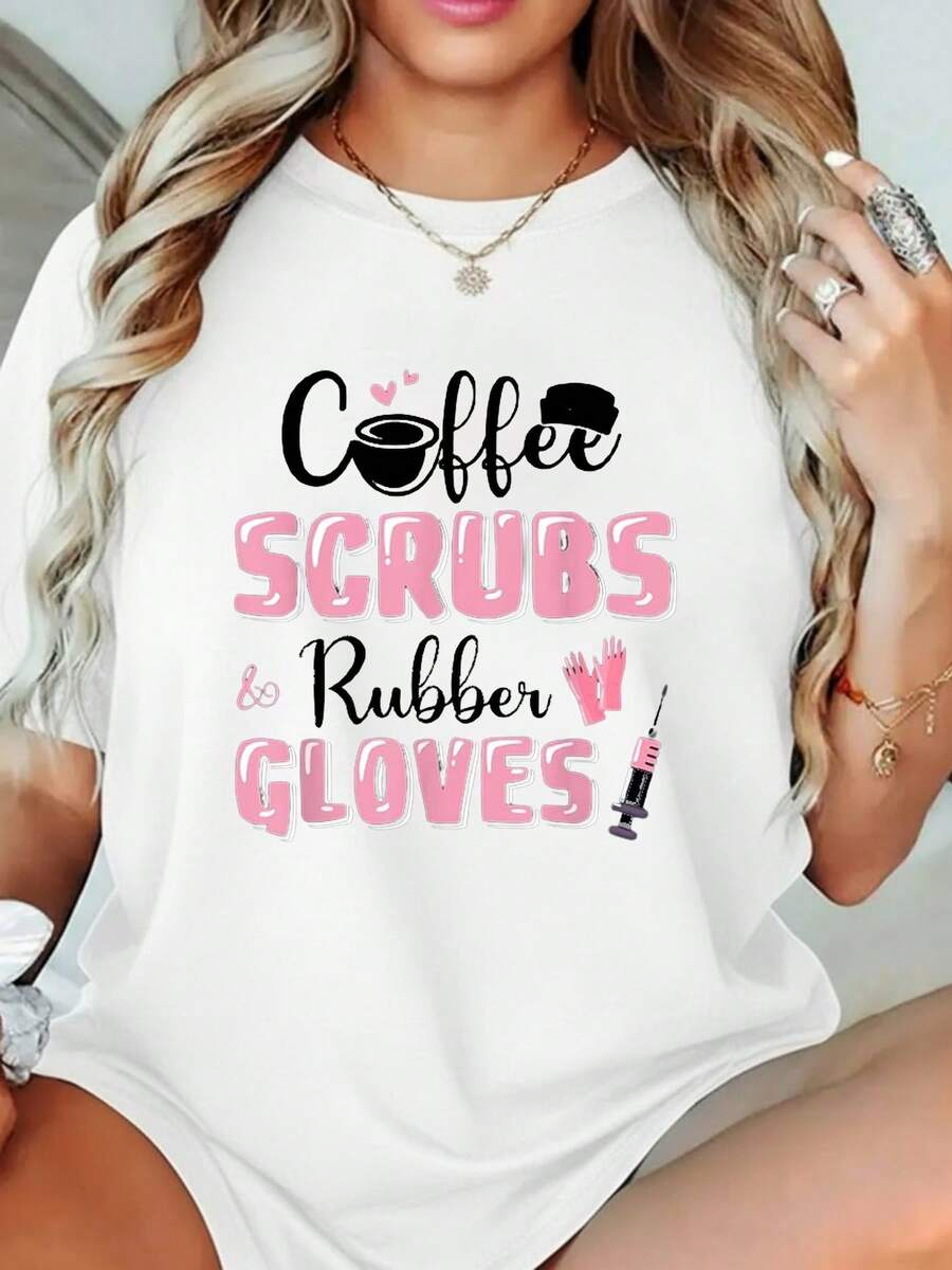 Camiseta Divertida para Enfermeras y CNA con Estampado Humorístico de Café, Quirúrgica y Guante de Goma, Diseño Blanco con Rosa, Transpirable y Cómoda, Adecuada para Profesionales de la Salud, Asistentes de Enfermería, Madres, Ropa para Fiestas de Adultos, Prenda para Celebraciones Temporales, Estampado Temporal Divertido, Calidad de Impresión Duradera - Camiseta Unisex de Manga Corta, Cuello Redondo, Algodón Suelto, Estilo Urbano Vintage - Blanco - Ver 1