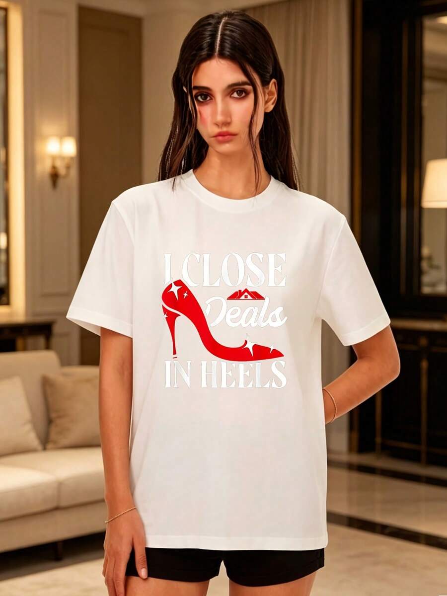 Camiseta de mujer de 180g con el estampado Puedo Cerrar Negocios con Tacones Altos, de manga corta, estilo casual y holgado, adecuada para actividades de building en la oficina, regalos de cumpleaños, obsequios para el Día de la Madre, moda de verano - Camiseta unisex de algodón holgada de manga corta y cuello redondo, estilo vintage urbano. - Blanco - Ver 1