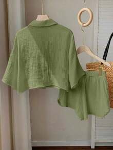 de 2 piezas de blusa y pantalón corto de mujer con estampado de biología marina de tela de bambú, nueva colección Primavera/Verano 2026.Ideal para invierno, Pascua, fiesta, playa, boda, graduación, elegante, casual, vacaciones, depor - Verde militar - Ver 2
