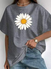 Camiseta de manga corta para mujer, disponible en cinco colores, presenta un diseño sencillo y elegante de girasol. El centro amarillo y los pétalos blancos aportan una sensación de calidez y frescura, perfecta para quienes aman la naturaleza y el estilo minimalista. - Rojo - Ver 11