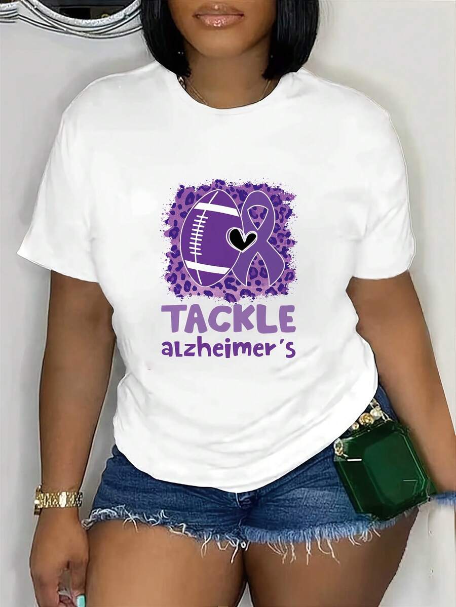 Size - Women's Alzheimer's Awareness T-Shirt - Purple Heart And Puzzle Design, Soft And Comfortable Everyday T-Shirt For Alzheimer's Awareness, Caregivers, Support Groups - Machine Washable Alzheimer's Clothing, Alzheimer's T-Shirt, Caregiver Clothing - Unisex Vintage Urban Style Cotton T-Shirt, Short Sleeve, Crew Neck, And Loose Fit - 白色 - 查看 1