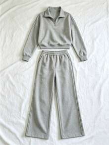 Conjunto de 2 piezas para mujer con camiseta de manga larga de hombros caídos de cuello en V a rayas y pantalones a rayas de cintura elástica, traje de suéter de invierno, otoño/invierno - Gris - Ver 6