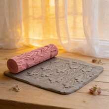Butterfly Meadow Floral & Wing Pattern Clay Relief Texture Roller – DIY Pottery Craft Rolling Pin Tool For Polymer Clay, Ceramic Art, Fondant, Cookie Dough, Soft Clay Embossing Wildflowers & Grass Detail Ideal For Spring & Garden-Themed Tiles - Butterfly Meadow Pink - View 4