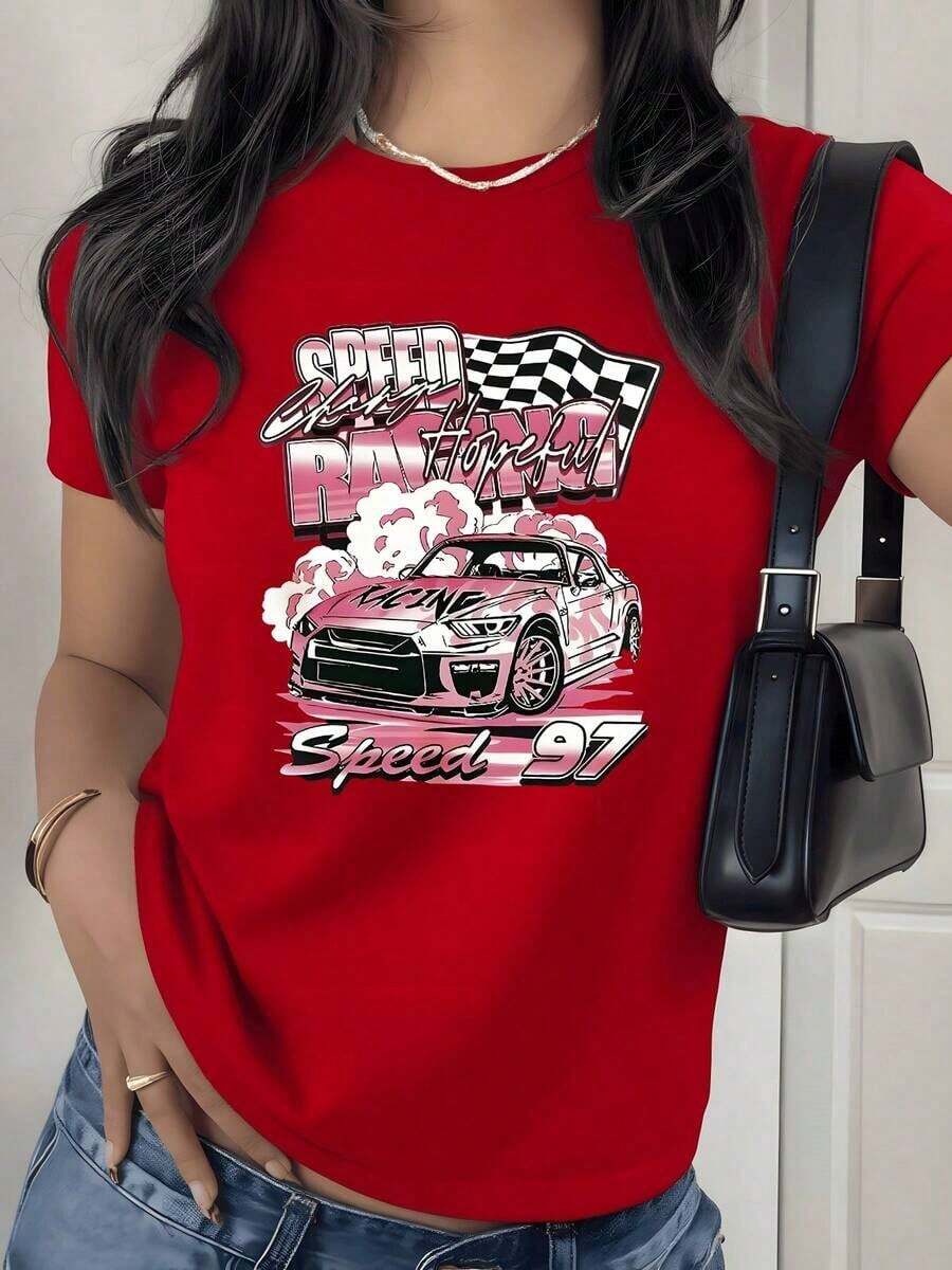 Racing Car Graphic Print T-Shirt, 180g, 1 Piece, Racing Theme, Casual For Women, 100% Cotton, Streetwear Style - 紅色 - 查看 1