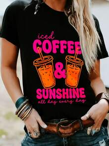 Una camiseta de manga corta para mujer, moderna, a la moda, retro, casual y holgada, adecuada para actividades al aire libre en primavera y verano, una camiseta elegante para mujer con un estilo casual de verano.|Camiseta casual de manga corta y cuello redondo, estampada con un motivo de café helado y sol durante todo el día + Lavable a máquina + Adecuada para climas cálidos y días de playa + Un regalo ideal para amantes del café y amantes del sol + Almacén localblusas para mujer,blusas casuales para dama,tops,, mujer premium,y2k,playeras de mujer curvy,ofertas y liquidaciones ropa mujer,playeras deportivas para mujer,,playeras de hombre, mujer,blusas>elegante HOSO - Negro - Ver 1