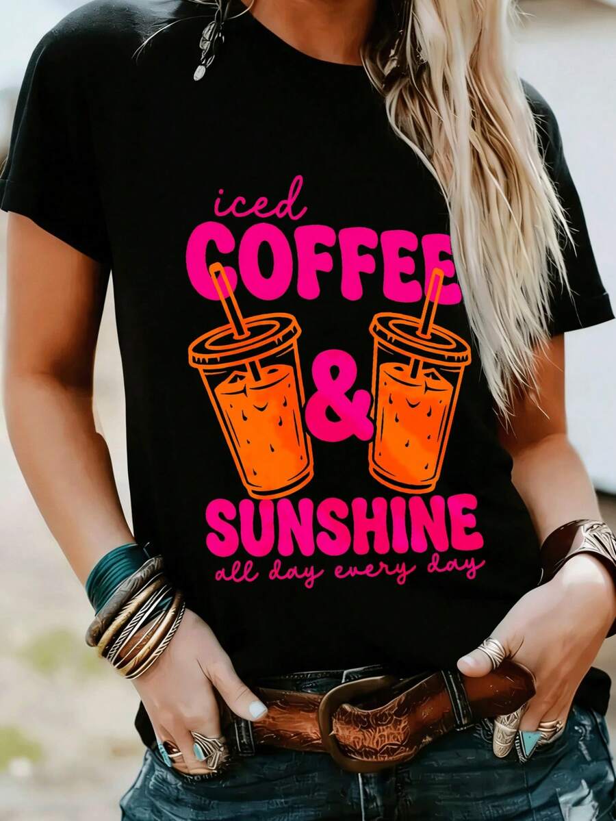 Una camiseta de manga corta para mujer, moderna, a la moda, retro, casual y holgada, adecuada para actividades al aire libre en primavera y verano, una camiseta elegante para mujer con un estilo casual de verano.|Camiseta casual de manga corta y cuello redondo, estampada con un motivo de café helado y sol durante todo el día + Lavable a máquina + Adecuada para climas cálidos y días de playa + Un regalo ideal para amantes del café y amantes del sol + Almacén localblusas para mujer,blusas casuales para dama,tops,, mujer premium,y2k,playeras de mujer curvy,ofertas y liquidaciones ropa mujer,playeras deportivas para mujer,,playeras de hombre, mujer,blusas>elegante HOSO - Negro - Ver 1