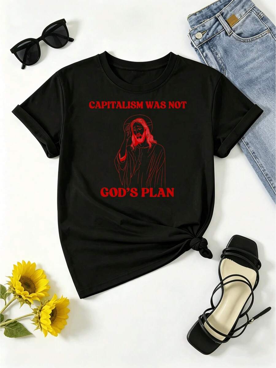 Una camiseta de manga corta para mujer, moderna, a la moda, retro, casual y holgada, adecuada para actividades al aire libre en primavera y verano, una camiseta elegante para mujeres con un toque religioso.| Camiseta casual de manga corta y cuello redondo.Estampado "El capitalismo no es el plan de Dios" + texto rojo e imagen de Jesús + lavable a máquina + adecuada para primavera y verano + regalo ideal para amigos y familiares leales + almacén local.blusas para mujer,blusas casuales para dama,tops,, mujer premium,y2k,playeras de mujer curvy,ofertas y liquidaciones ropa mujer,playeras deportivas para mujer,,playeras de hombre, mujer,blusas>elegante MDVM - Negro - Ver 1