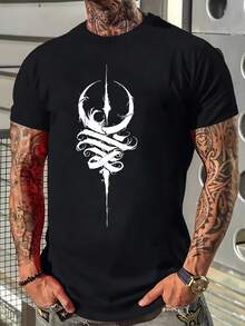 Camiseta de hombre elegante e informal con cuello redondo, top versátil para ropa de verano de hombre, talla grande - Negro - Ver 1