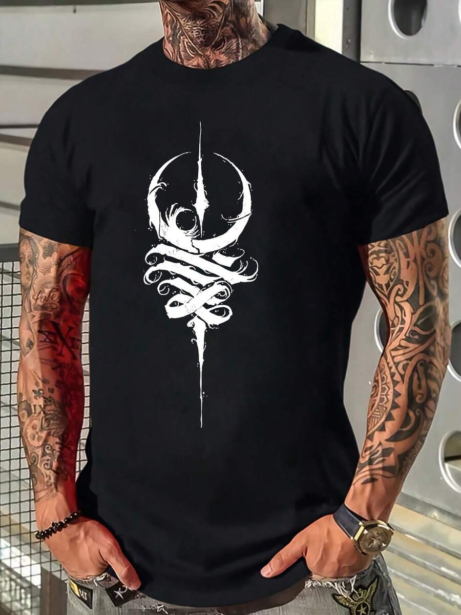 Camiseta de hombre elegante e informal con cuello redondo, top versátil para ropa de verano de hombre, talla grande - Negro - Ver 1