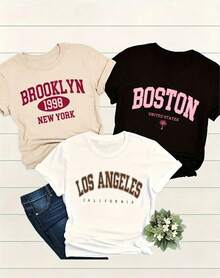 Camiseta de mujer 3 piezas/set de camisetas de manga suitable for streetwear, Top oversized cuello redondo daily outings, camping, concerts, hip-hop, rock, and rap events con nombre de ciudad y estampado floral, una camiseta de cuello redondo adecuada para el uso casual femenino en primavera y verano, ropa de verano, moda de primavera, estampado geométrico, camiseta de cuello redondo. - Negro - Ver 1