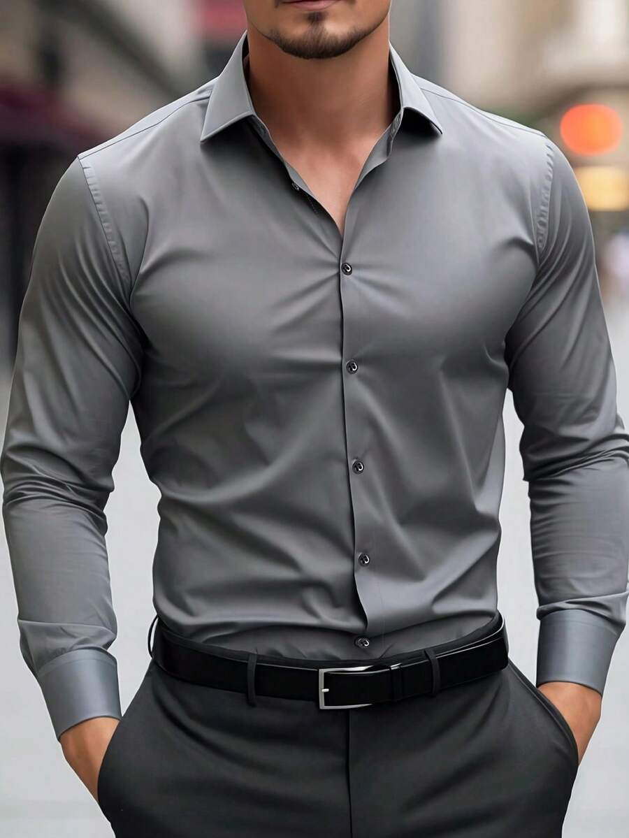 Men's Formal Business Long Sleeve Solid Color Single-Breasted Dress Shirt, For Fall