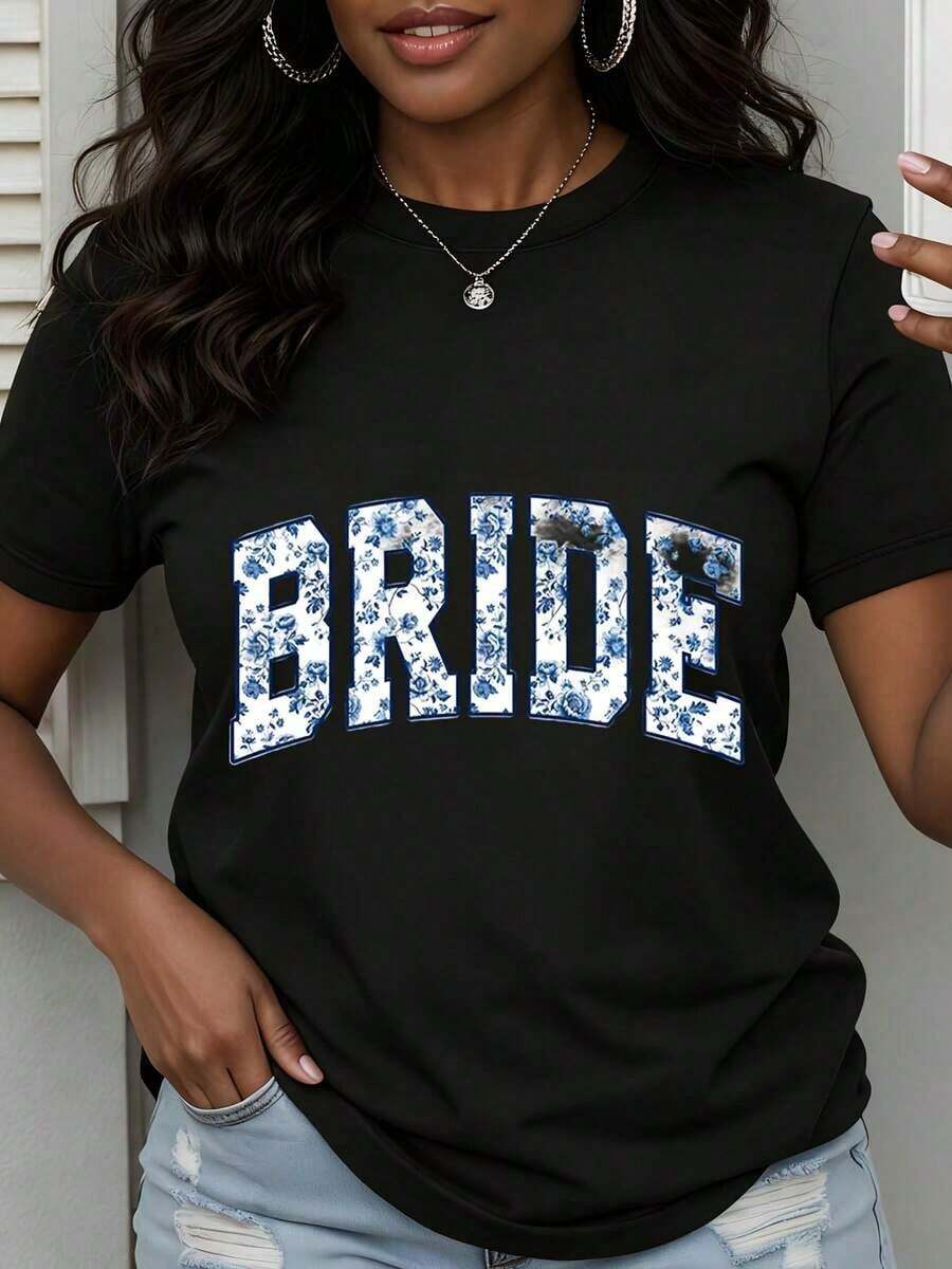 TrendyBride Camiseta Blanca con Estampado Floral para Mujer, Top Casual de Manga Corta, Atuendo para Fiesta de Bodas y Uso Diario - Negro - Ver 1