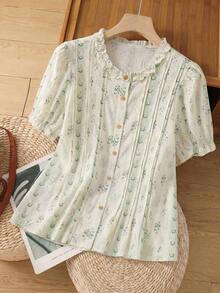 Blusa floral de verano para mamá - Top con mangas abullonadas y botones frontales, ideal para vacaciones, uso diario y reuniones familiares (BaoLianDuo) - Verde - Ver 10