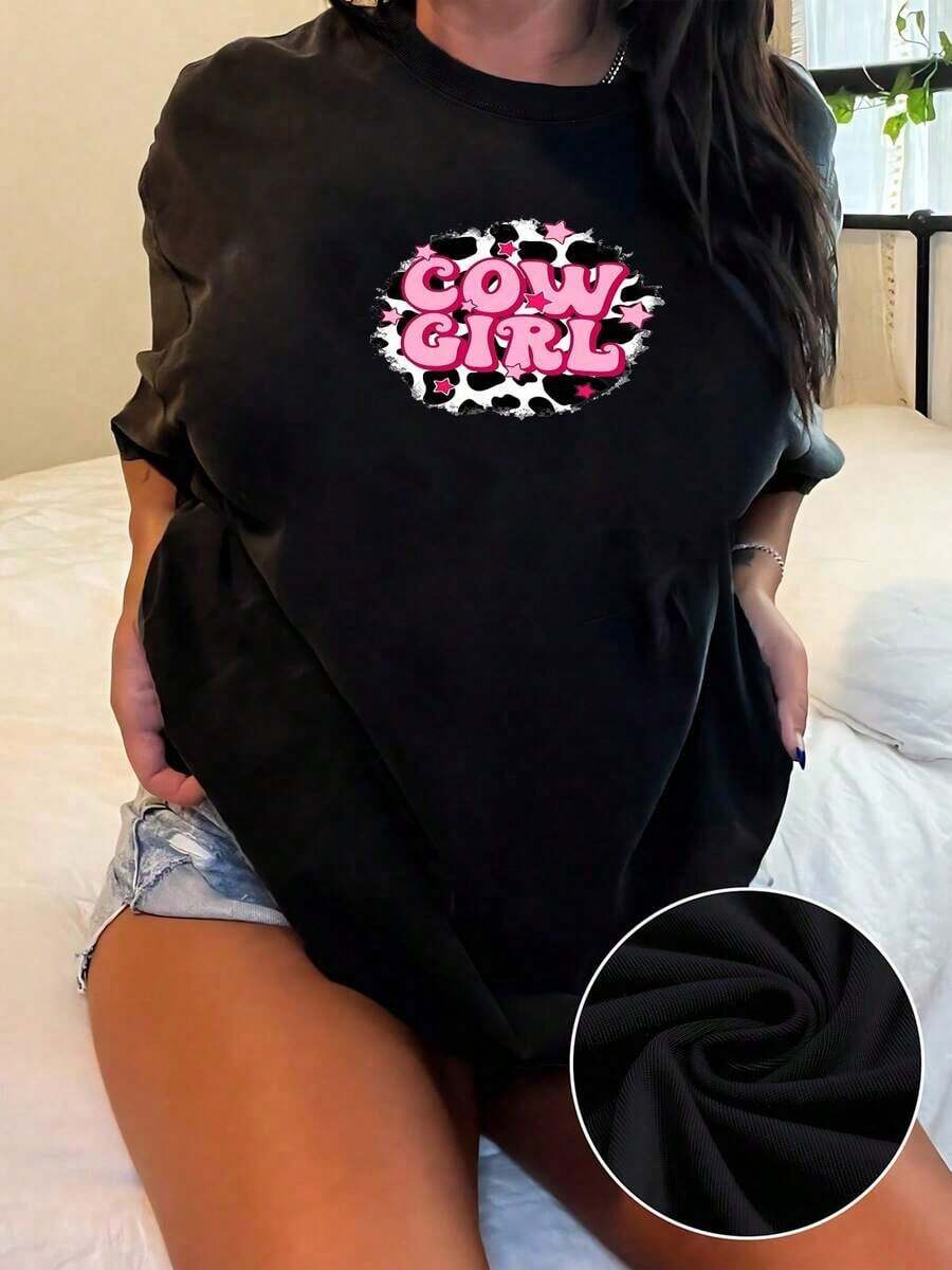 ComfortableGráfico con palabra Cowgirl en letras grandes rosadas rodeadas de estrellas y manchas que transmiten energía juvenil libertad y estilo occidental moderno ideal para mujeres seguras camisetas de mujer 100% algodón casual cómodas para uso diarioFashion All-match Women's Short Sleeve T-shirt, Basic Style for Inner & Outer Wear - Negro - Ver 1