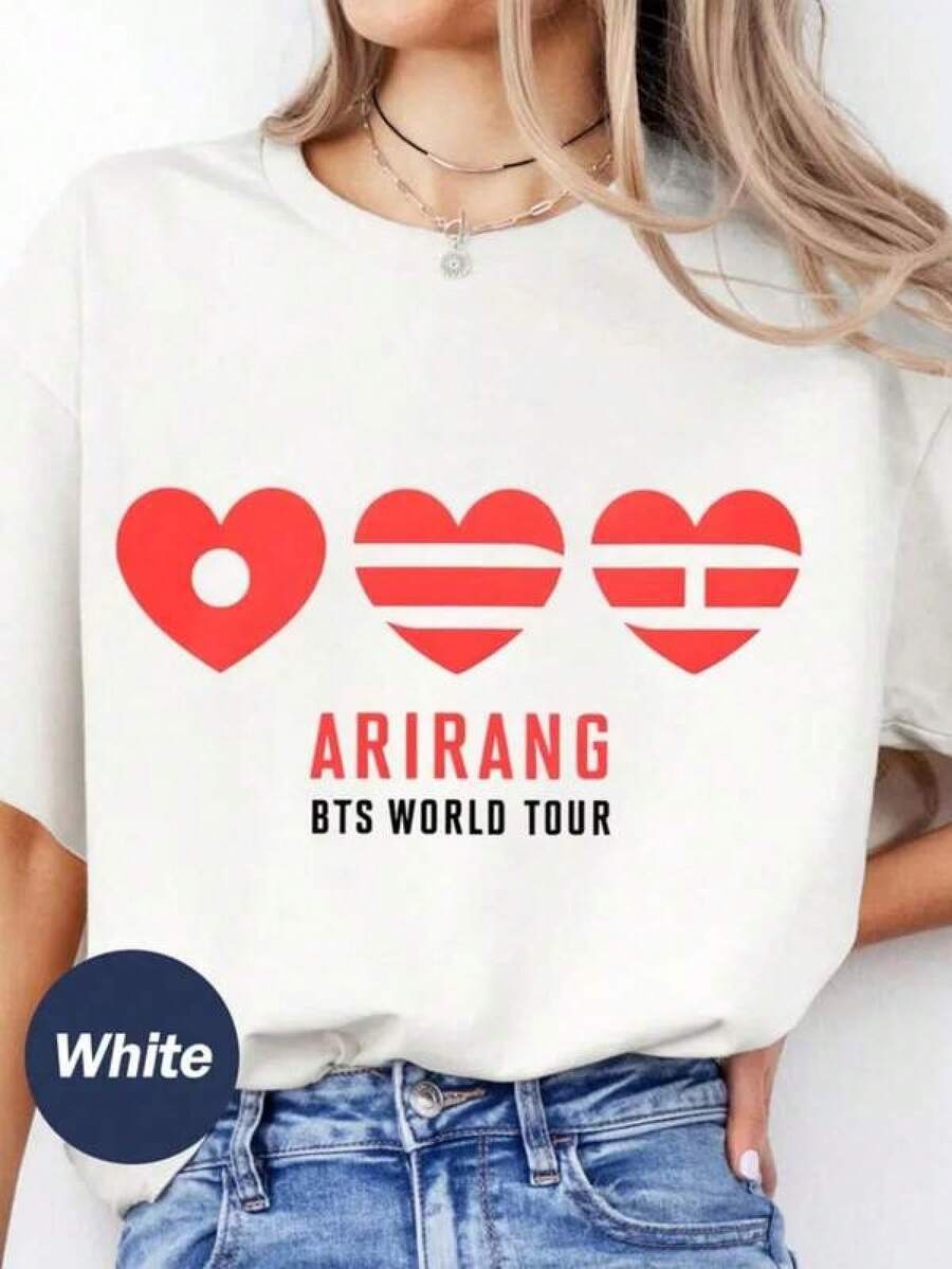 B T S Arirang World Tour T-Shirt, Army Merch Fan Gift Tee .Camiseta informal de moda con estampado creativo para mujer, de manga corta y cuello redondo, para primavera y verano T-Shirt Women Festive Celebration Shirt Party Wear Top - Negro - Ver 1