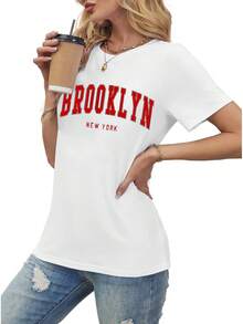 1 pieza de camiseta de manga corta con estampado de letras para mujer Avanova, cuello redondo, casual, linda, para verano, 180g, 100% algodón. - Blanco - Ver 10