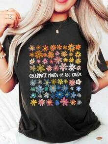 Playeras de mujer de algodón con temática floral diversa e inclusiva, 100% algodón, camiseta de manga corta amigable con la piel para mujeres, estilo curativo, estampado floral colorido con el eslogan "CELEBRATE MINDS OF ALL KINDS", camiseta casual holgada de talla grande, adecuada para el Día de Concientización sobre el Autismo, salidas diarias, eventos benéficos y más, ropa de mujer de talla grande estilo europeo y americano. - Negro - Ver 6