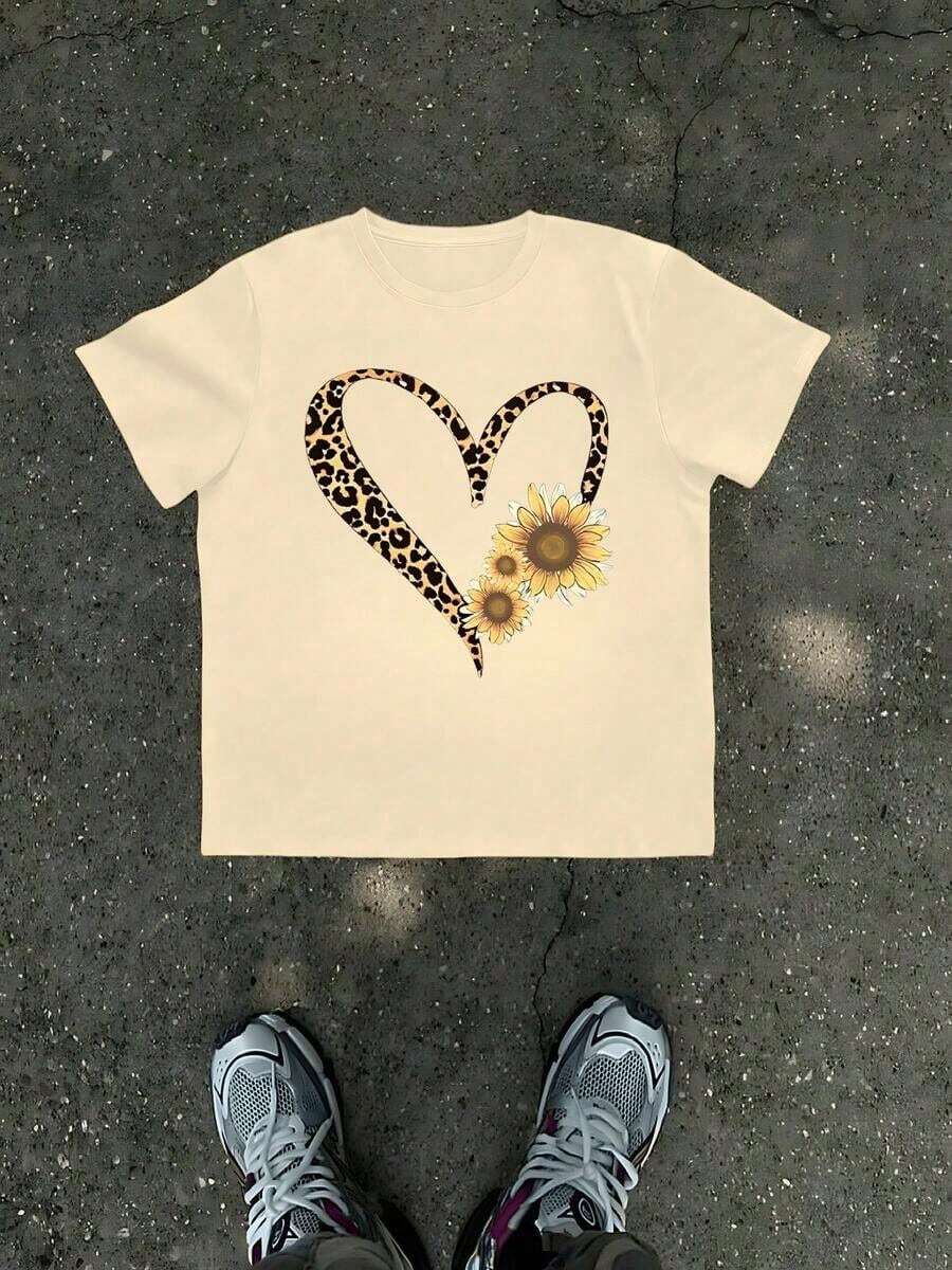 1 Men's T-Shirt With Leopard, Heart And Sunflower Print, Country Theme, 100% Cotton, Casual Summer T-Shirt For Men, Gift For Men, Urban Clothing - 淺黃色 - 查看 1