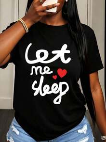 Women's T-Shirt With "Let Me Sleep" Heart Print, Casual Everyday Wear, Comfortable And Loose Fit Top For Women, Summer Outfit - 黑色 - 查看 6