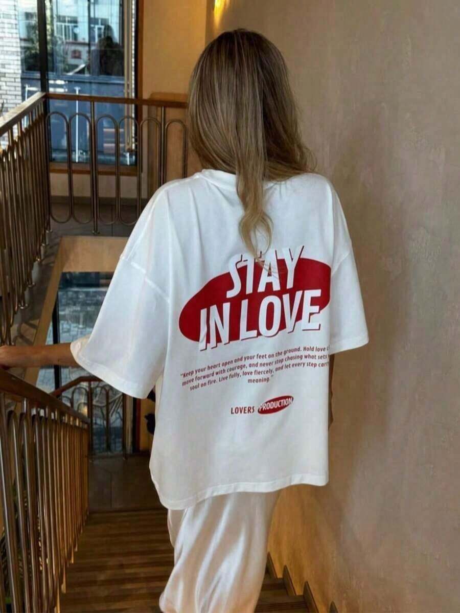 Playeras de mujer; Ropa de verano; Camiseta oversize con estampado "Stay In Love" estilo Y2K; Conjuntos de verano; Regalo para el Día de la Madre B1D8; Blusas casuales para dama - Blanco - Ver 1