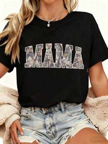 Women's Short-Sleeved T-Shirt With A Round Neck And Casual Print, A  Resort Style-Your Everyday Essential. Printed T-Shirt, Women's Tops, Summer Vacation. Mother's Day Gift Women's T-Shirts - Black-2 - 查看 2