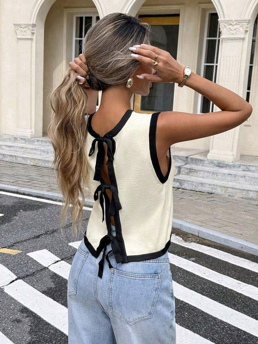 Suéter sin mangas con cordón de color contrastante para mujer - Multicolor 3 - Ver 1