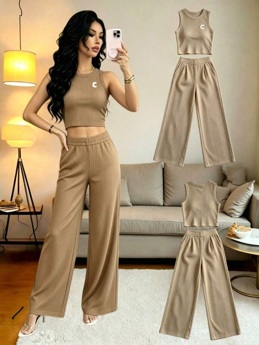 Set de 2 piezas de top de tirantes y pantalones en color liso para vestir de manera informal de vacaciones - Caqui - Ver 1