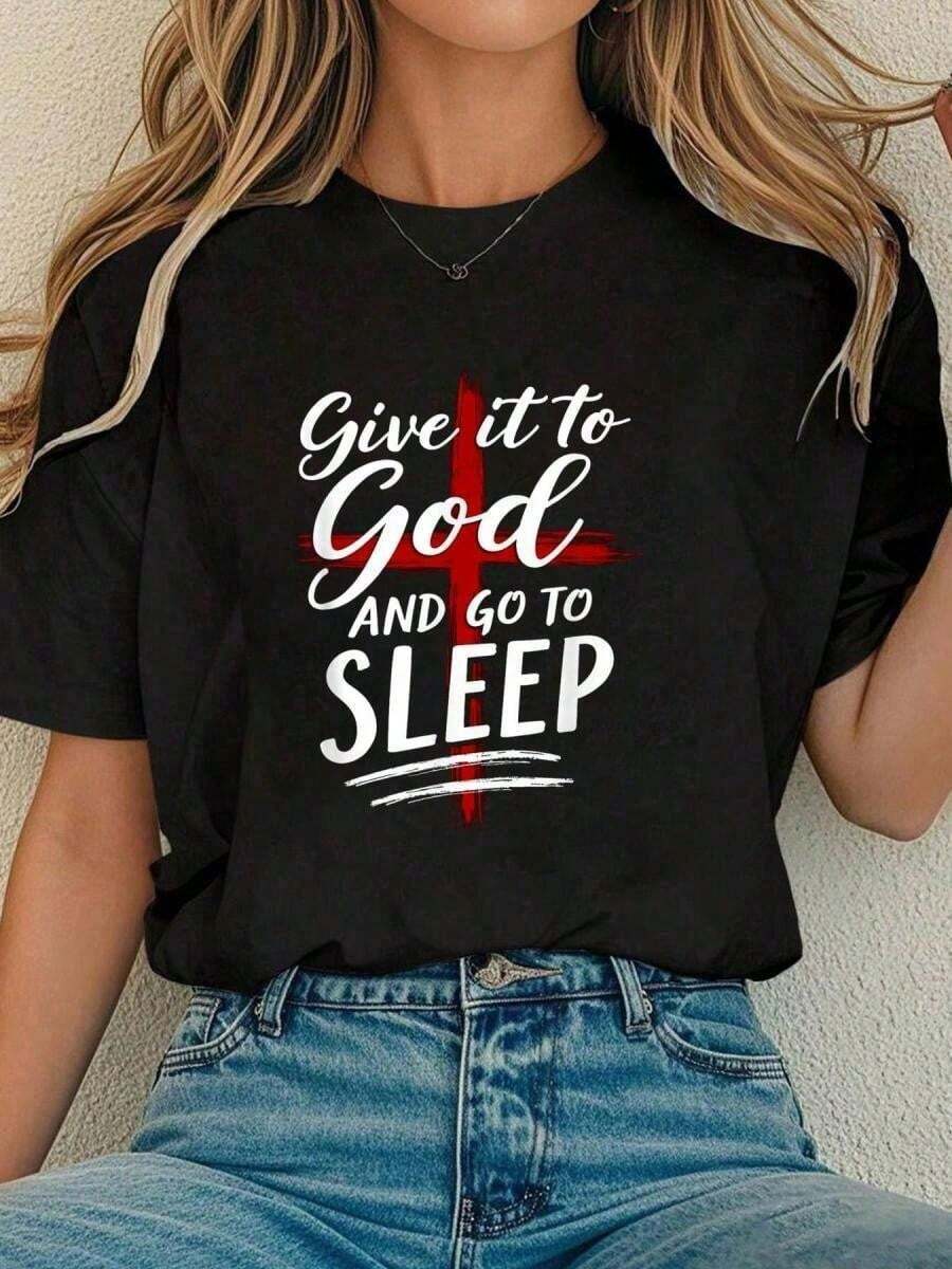 Camiseta de algodón de cuello redondo para mujer, con estampado divertido "Dáslo a Dios, ve a dormir", camiseta cristiana, camiseta cómoda para mujer, 220g, camiseta de algodón puro de alta calidad con estampado minimalista, tela suave y transpirable, cómoda y holgada, adecuada para uso diario, ideal para ropa casual de oficina, apariencia diaria de primavera y verano, diseño elegante y juvenil, ropa de hombre, blusas para mujer casual. - Negro - Ver 1