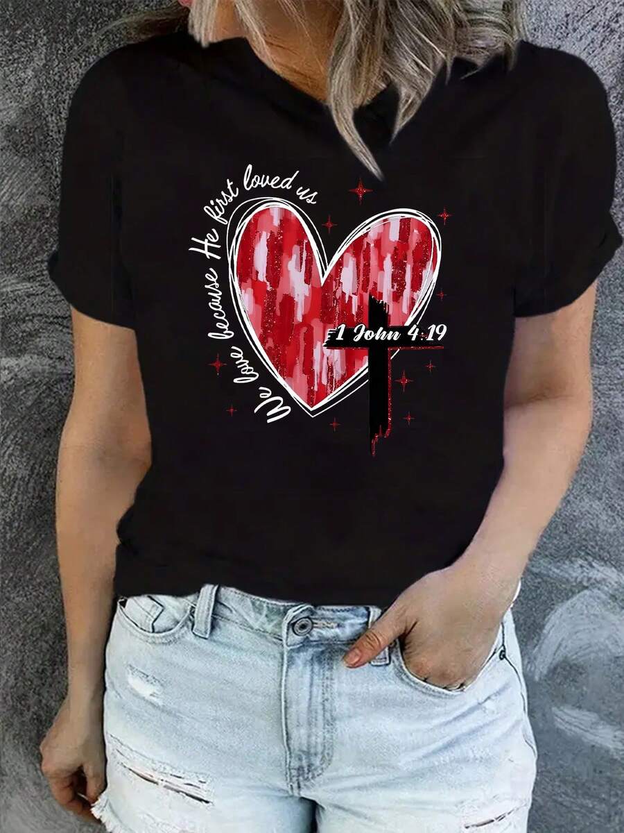 Camiseta con estampado de San Valentín, popular entre las mujeres en primavera/verano, de cuello redondo, estilo casual con estampado de letras, ajuste cómodo, perfecta para uso diario, diseño elegante y versátil - Camiseta unisex de algodón holgada de manga corta y cuello redondo estilo vintage urbano. - Negro - Ver 1