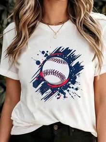 Camiseta de algodón con estampado de Baseball Splash Tee casual de moda para mujer  women clothing casual  blusas para dama casuales   2000's style100% Cotton - Blanco - Ver 1