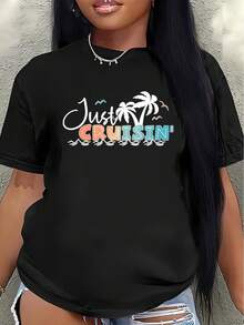 Camiseta de manga corta con estampado de palmeras, camisa informal para vacaciones, unisex, ligera y cómoda, adecuada para vacaciones en la playa, blusa informal para mujer. - Negro - Ver 7