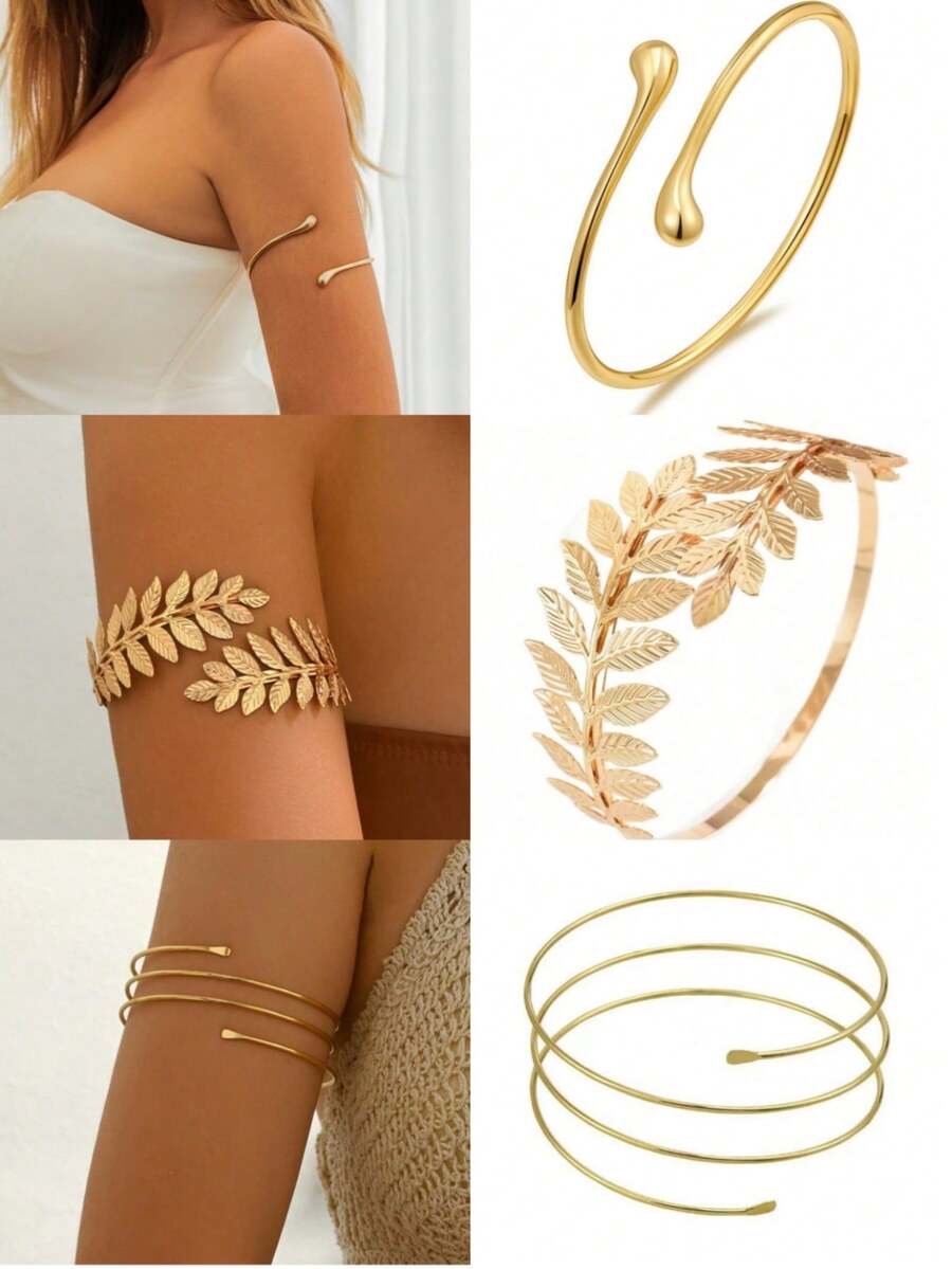 3pcs Open Cuff Bracelet Set, Leaf Spiral Water Drop Designs, Multi-Style Stacking Bangle Arm Jewelry For Women - Gold - View 1