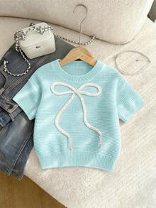 2026Franclia New Women's Sweet And Cute Pink Casual Knit Sweater With Bow, Short Sleeve Baby Pink Bow Blouse For Spring/Summer, Cute Knit Blouses With Bow For Women - 賽萊斯特 - 查看 8