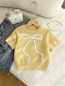 2026Franclia New Women's Sweet And Cute Pink Casual Knit Sweater With Bow, Short Sleeve Baby Pink Bow Blouse For Spring/Summer, Cute Knit Blouses With Bow For Women - 淺黃色 - 查看 8
