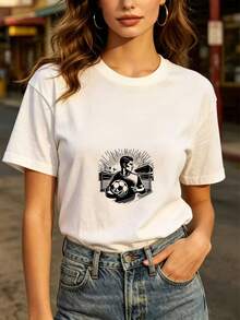 Camiseta estampada de 180g a la moda para uso diario, adecuada para reuniones familiares y eventos corporativos, un regalo festivo y cómodo para él y ella. | Diseño exquisito |   Suelto y cómodo |   Fácil de combinar | - Blanco - Ver 1