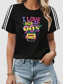 ME ENCANTA LA CAMISETA CON ESTAMPADO DE ESTILO VINTAGE DE LOS 90S, CAMISETA CON ESTAMPADO DE LETRAS, CAMISETA DE MANGA CORTA CON CUELLO REDONDO PARA MUJERES, TOP CASUAL PARA MUJERES, ROPA CA - Negro - Ver 7