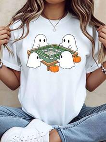 ropa de mujer Camiseta con estampado de fantasmas adorables jugando al mahjong para Halloween, estampado de dibujos animados para mujeres y niñas, atuendo casual de otoño, camisas de mujer - Blanco - Ver 2