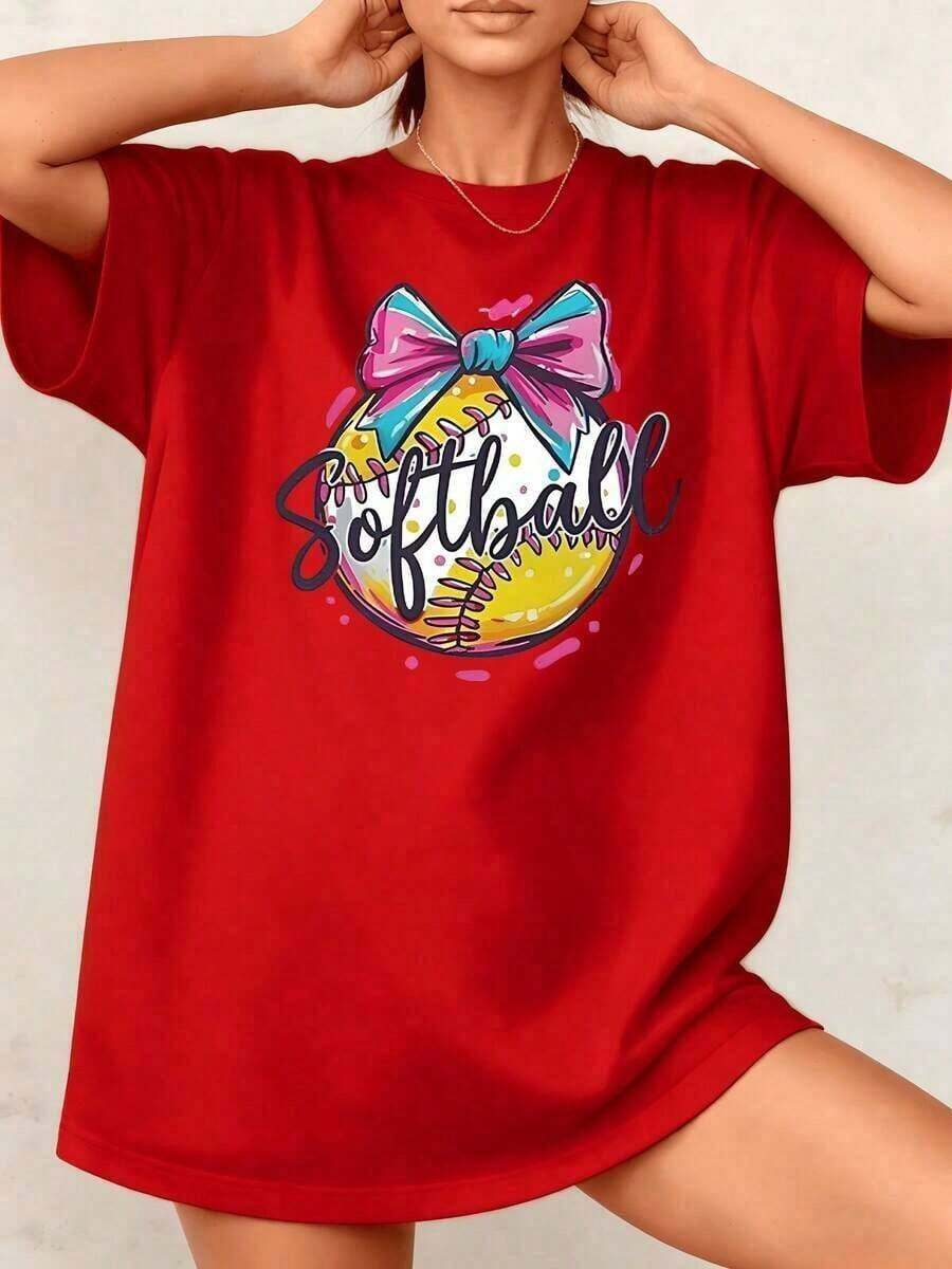Camiseta de Softbol para Mujer con Estampado Gráfico de Lazo, Diseño Deportivo y Bonito, 100% Algodón, Cuello Redondo, Estilo Casual, 1 Pieza. Son Excelentes Regalos para Amigos y Familiares, para Uso Diario. Camiseta de Manga Corta de Algodón, Cuello Redondo, Estilo Vintage Urbano, Unisex, Corte Holgado. - Rojo - Ver 1
