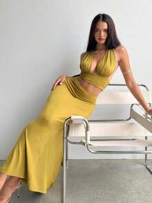 Conjunto de 2 piezas de vestido con escote en V profundo, espalda con pliegues y detalle elegante y sexy, color olivo, conjunto de verano para vacaciones en la playa para mujeres - Burdeos - Ver 9