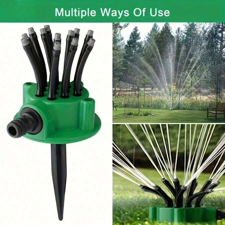 1 vòi phun tưới vườn tự động nhiều đầu xoay 360 độ màu xanh lá cây, thích hợp để tưới cây. - B - Xem 1