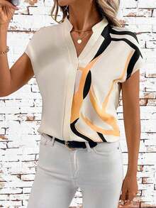 Blusa holgada de verano con cuello en V y estampado geométrico en color albaricoque para mujeres, blusas elegantes de primavera para maestras - Albaricoque - Ver 5