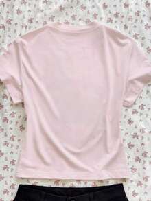 Camiseta de manga corta de cuello redondo con estampado casual de ciervos, flores y mariposas para mujer, verano - Rosa - Ver 2