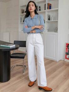 1 pieza Suéter de mujer de unicolor de manga larga, estilo casual de negocios para otoño, blusas de manga larga, ropa de mujer de otoño - Celeste - Ver 4