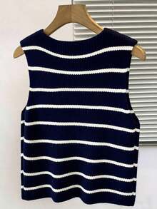 Chaleco de punto con rayas y nudo para mujer, de estilo casual - azul real - Ver 2