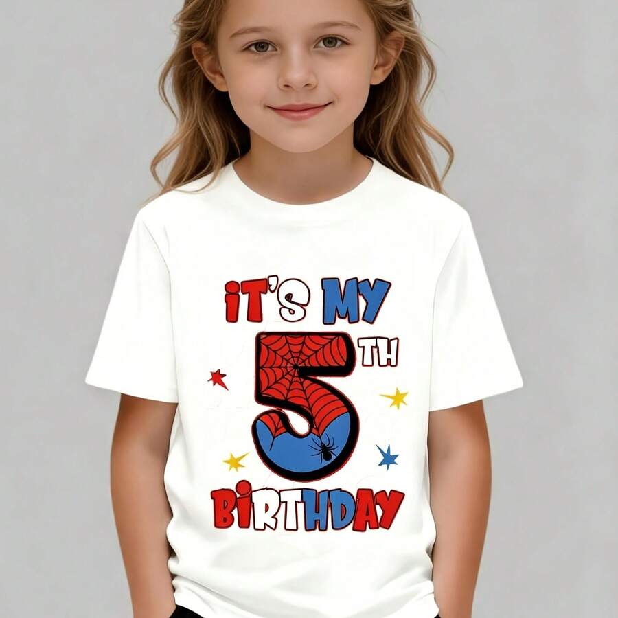 5Th Birthday Set, Includes A Blue Short-Sleeved T-Shirt With A Spider Design And An English Birthday Phrase, Perfect For Parties - White - View 1
